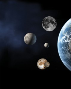 Artist’s view of Eris (left), Pluto with Charon (bottom), Ceres (middle), Moon (top) and Earth. Credit: NASA