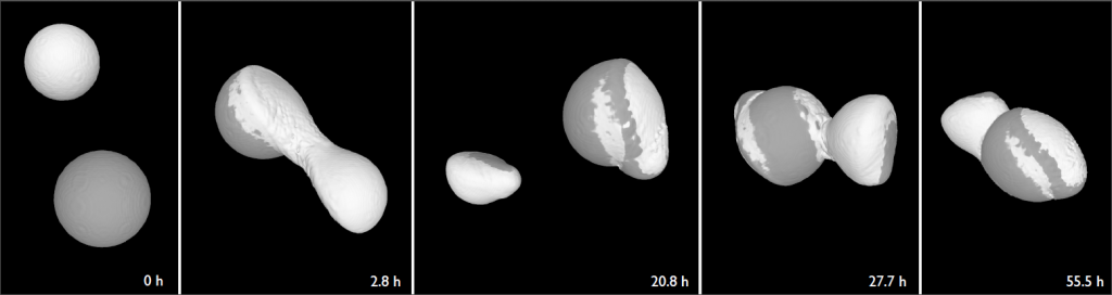 Collision of two icy spheres with a diameter of about one kilometer. After a first impact the bodies separate and reimpact a day later.