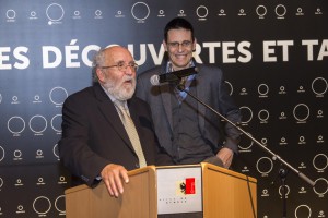 Michel Mayor und Didier Queloz an der Eröffnung einer Ausstellung im März 2015 (Bild: Philippe Wagner, Museum Genf)