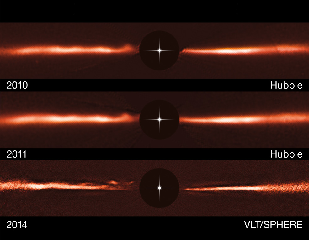 Oben ein Hubble-Bild der Scheibe um AU Mic aus dem Jahr 2010, in der Mitte eine Hubble-Aufnahme von 2011, unten ein Bild aufgenommen 2014 mit dem Instrument SPHERE, installiert im Riesenteleskop VLT. Das Licht des Sterns in der Mitte wurde abgeblockt, um die viel weniger helle Scheibe sichtbar zu machen. (Bild: ESO, NASA & ESA)