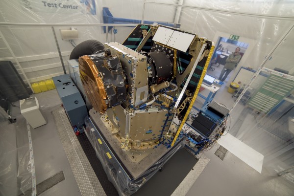 The CHEOPS Structural and Thermal Model during vibration tests at RUAG Space in Zurich. (Image RUAG)