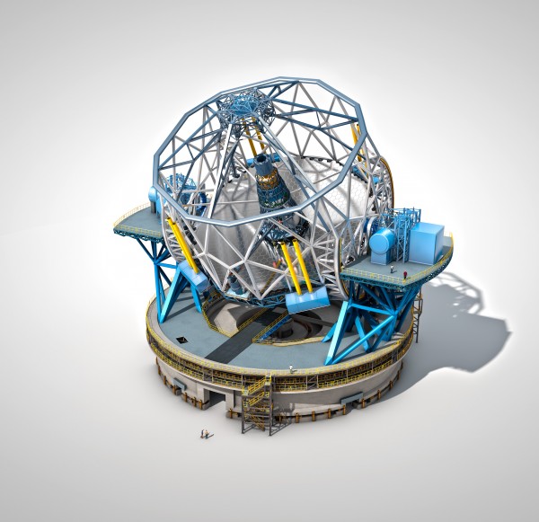 Das European Extremely Large Telescope (E-ELT). Die Menschen auf der Plattform sind im Vergleich winzig. (Bild: ESO) 