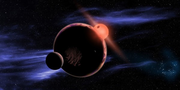 Artist's impression of an exoplanet with a moon orbiting a red dwarf. (Image: University of Geneva)