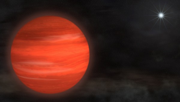 The "super-Jupiter" Kappa Andromedae b, shown here in an artist's rendering, circles its star at nearly twice the distance that Neptune orbits the sun. With a mass about 13 times Jupiter's, the object glows with a reddish color. Credit: NASA's Goddard Space Flight Center/S. Wiessinger