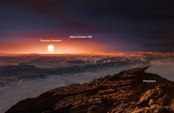 This artist’s impression shows a view of the surface of the planet Proxima b orbiting the red dwarf star Proxima Centauri, the closest star to the Solar System. The double star Alpha Centauri AB also appears in the image. Proxima b is a little more massive than the Earth and orbits in the habitable zone around Proxima Centauri, where the temperature is suitable for liquid water to exist on its surface.