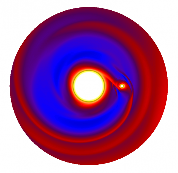 A 10 Jupiter-mass planet is formed via core accretion and is placed at 50 AU from the star. The planet has opened a gap in the circumstellar disk. (Image: J. Szulagyi, JUPITER code)