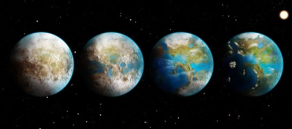 The artist representation shows a planet ongoing terraformation. From left to right, we see 4 stages of the terraformation, from an icy desertic world, all the way to an inhabited Earth-life planet. At first stage, the planet mostly appear as a sterile brown/beige desertic ball, half of it being covered in ice, and multiple impact craters are visible. At the second stage, snow as melting at the equator and liquid water is visible forming puddles, particularly in on of the biggest impact crater, while many others have disappeared as they were only in the snow. At stage 3 and 4, the polar cap progressively recess until fully disappearing at the South Pole, while oceans and seas are spreading, even erasing the big lake crater visible earlier. Green from the vegetation is slowly spreading over the planet lands. At the last stage, we can even notice artificial structures such as giant canals on the dayside, and the light from cities on the night side.